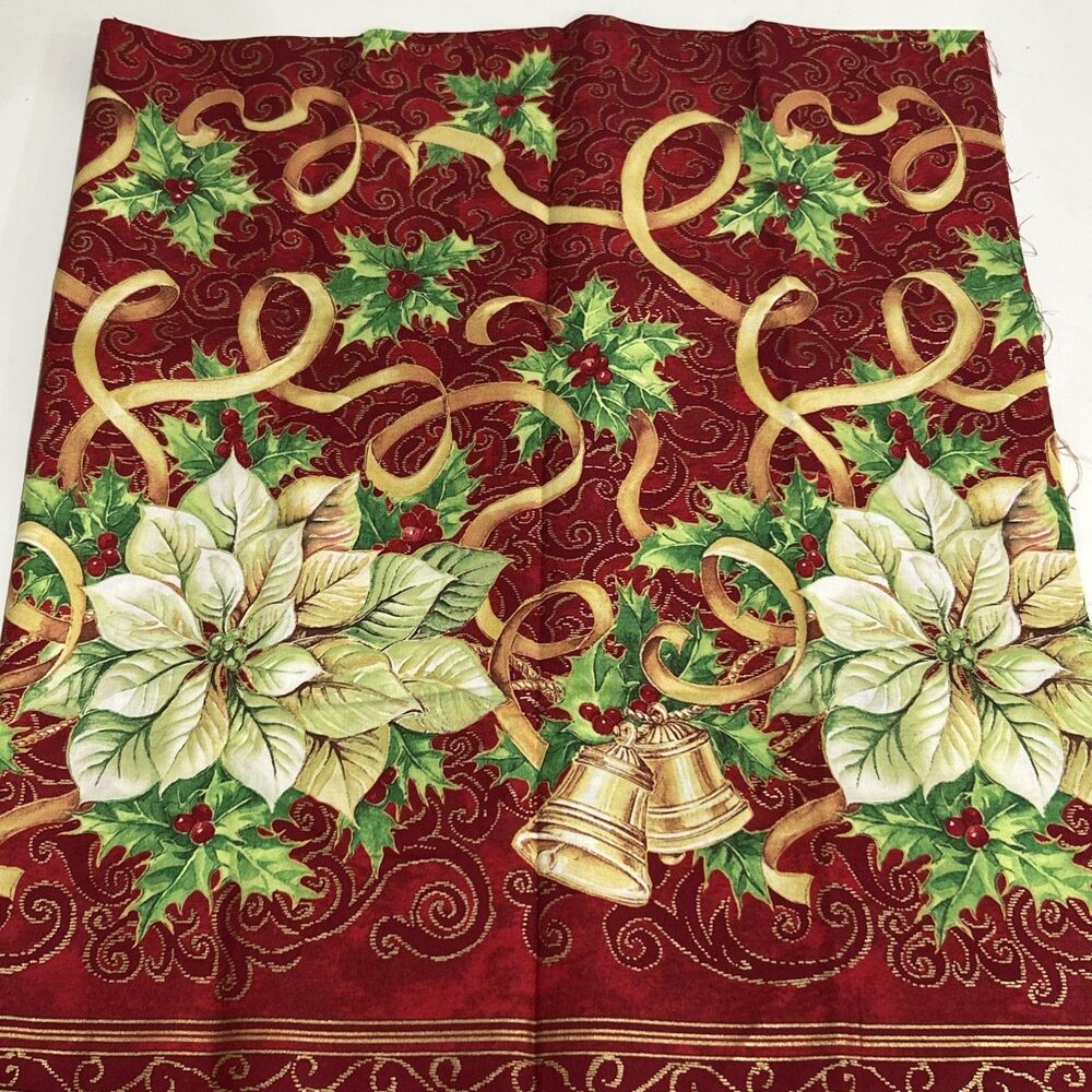 Christmas Fabric Poinsettias Bells Ribbons Holly Cotton Quilting 1 Yd X 42"